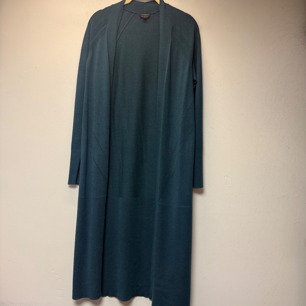 Talbots Duster Cardigan Womens M Teal Excellent 100% Merino Wool Open Front